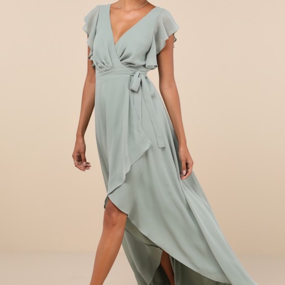 Lulus Ravishing Charm Sage Brush Ruffled Wrap High-low Maxi Dress Green